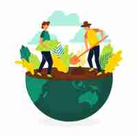 Free vector save the planet concept with people planting vegetation