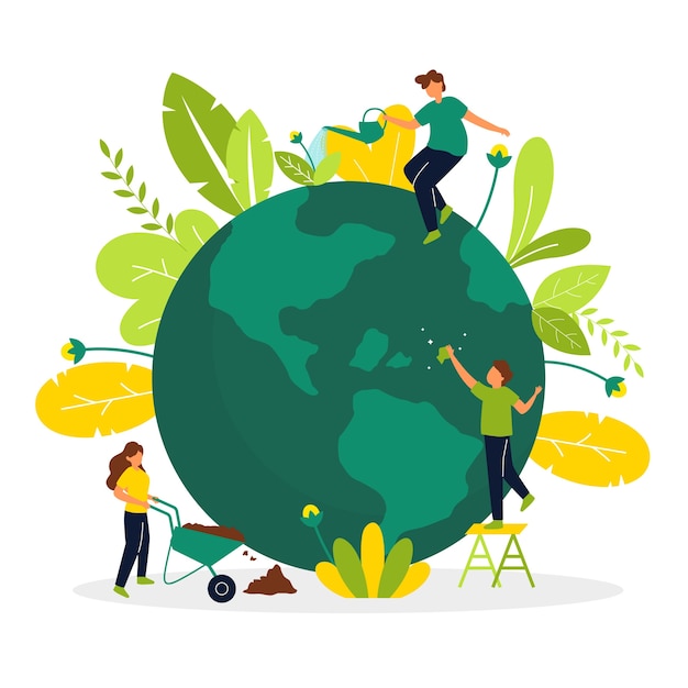 Free vector save the planet concept with people taking care of the earth