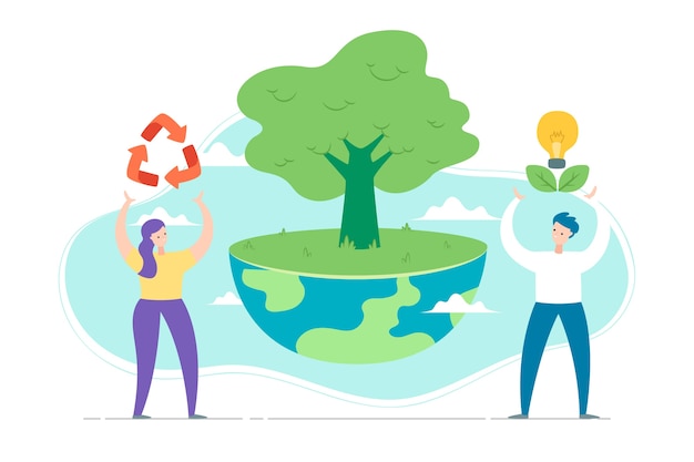 Free vector save the planet concept with people and tree