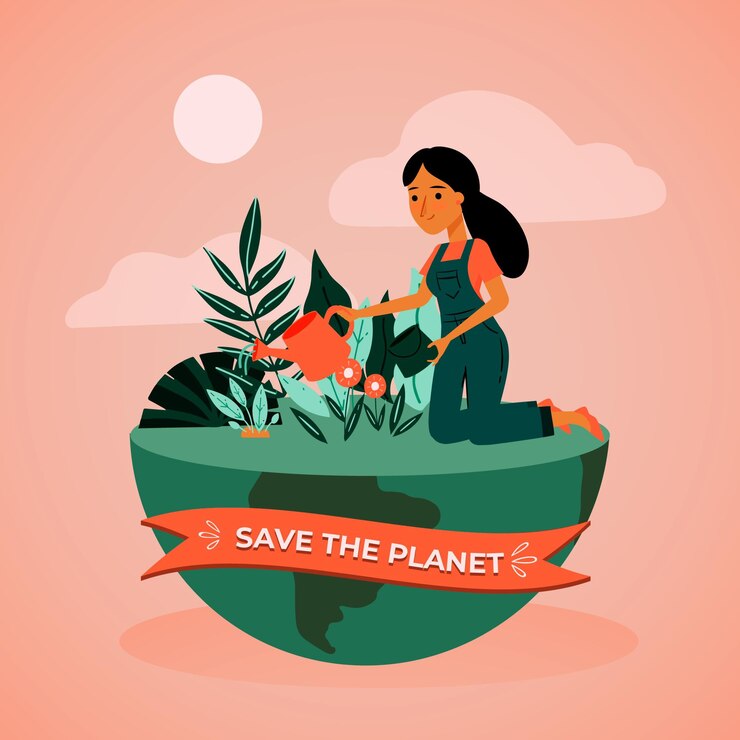 मुफ़्त वेक्टर save the planet concept with woman and earth