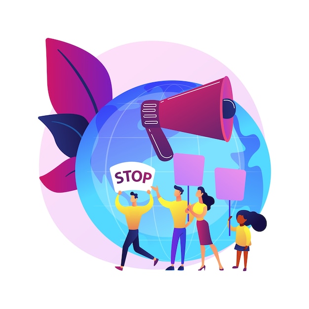 Free vector save planet idea. group of ecological protestors. environmental demonstration, ecology protection, eco protest. people with placards protesting.