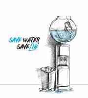 Free vector save the water vector ecology concept hand drawn sketch vector illustration