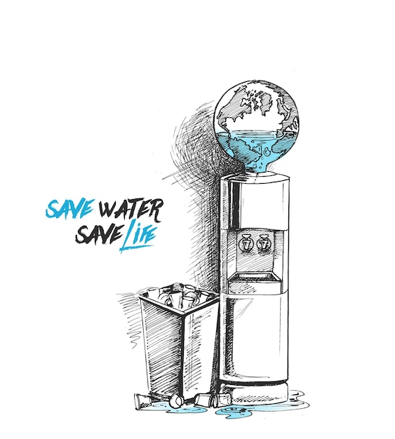 Vettore gratuito salva l'illustrazione vettoriale di schizzo disegnato a mano di concetto di ecologia dell'acqua