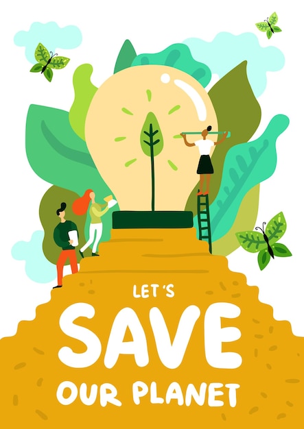 Free vector saving of planet poster with responsible human characters and green energy on yellow pedestal