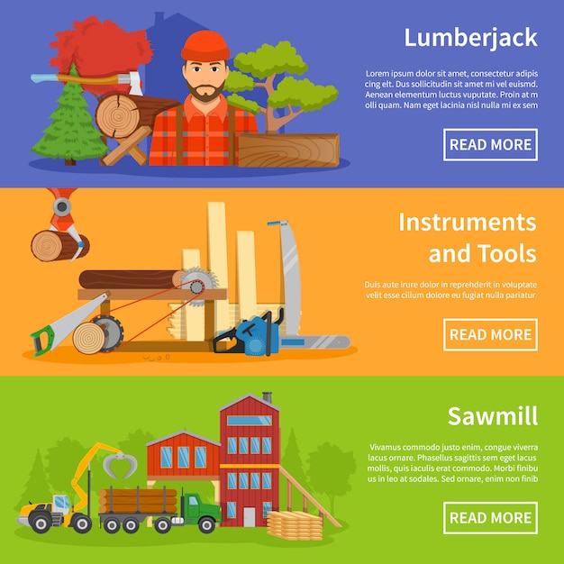 Free vector sawmill timber flat banners