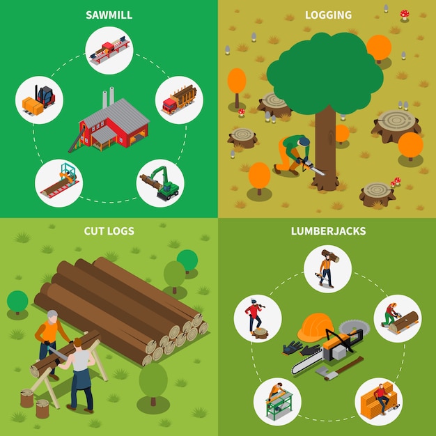 Sawmill timber mill lumberjack isometric composition