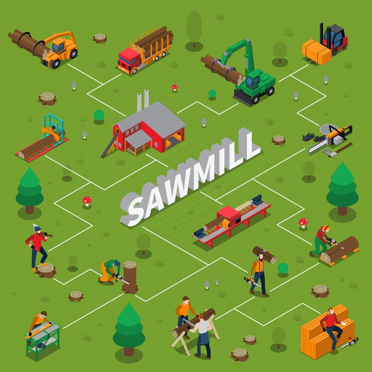 Free Vector sawmill timber mill lumberjack isometric flowchart