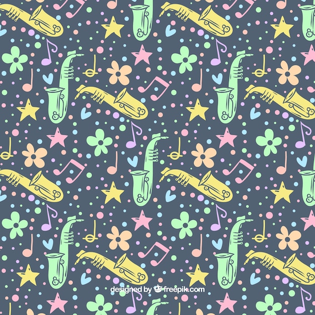 Saxophone pattern with hand drawn flowers