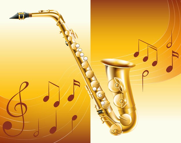 saxophone with music notes in background