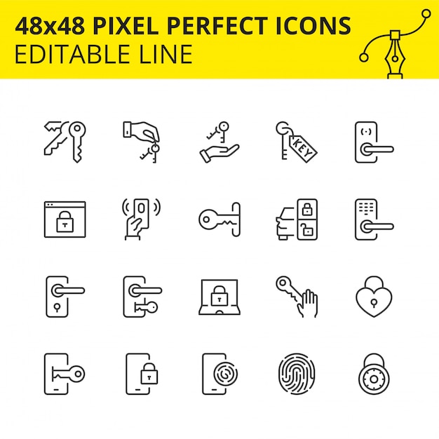 Scaled icons of keys, locks and security.