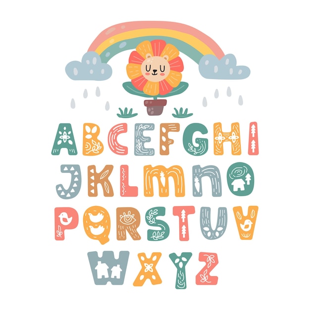 스칸디나비아 알파벳 세트 귀여운 판타지와 클립 아트 다채로운 컬렉션 고립 된 엘 프리미엄 벡터
