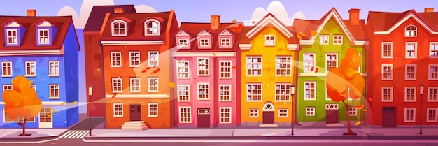 Scandinavian city street with houses in fall