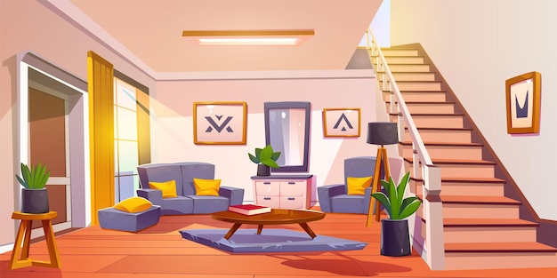 Бесплатное векторное изображение Дизайн гостиной в скандинавском стиле с мебелью векторная мультяшная иллюстрация интерьера светлого дома, серый диван и кресла с желтыми подушками, зеркало и абстрактные картины на настенной лестнице