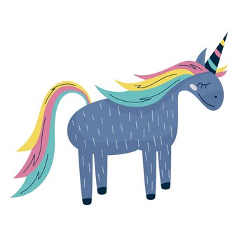 Scandinavian unicorn with rainbow horn isolated on white background.a cute baby horse in a flat style is standing smiling. handdrawn vector illustration.