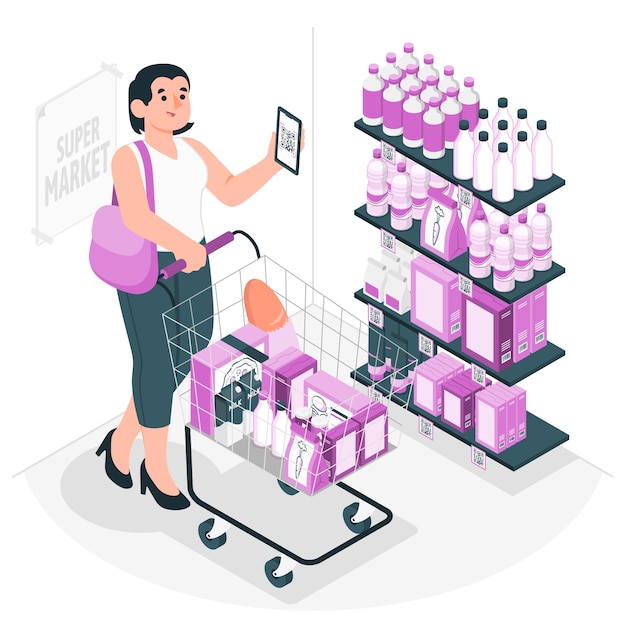 Vettore gratuito prodotti di scansione nell'illustrazione del concetto di supermercato