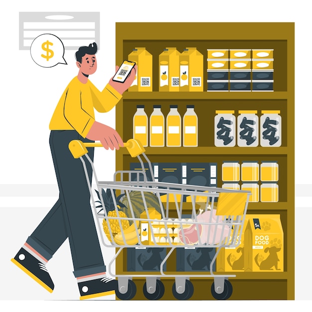 Vettore gratuito scansione dei prodotti nell'illustrazione del concetto di supermercato