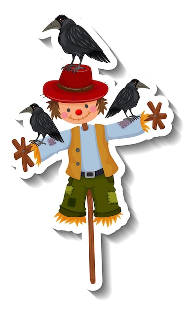 Free Vector scarecrow boy on wooden stick with many crows