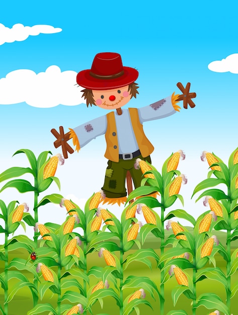 Free vector scarecrow standing in corn field