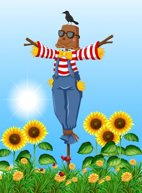 Free Vector scarecrow standing in sunflower field