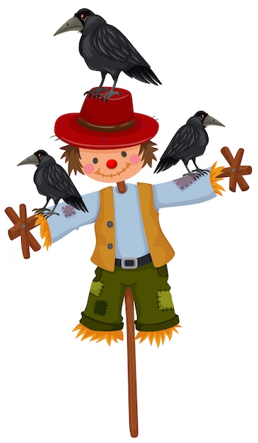 Free vector scarecrow on stick and three crows