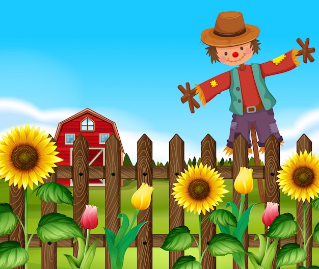 Free vector scarecrow in the sunflower field