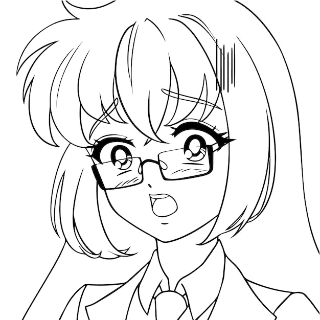 眼鏡をかけている怖いアニメの女の子 アイコンの肖像画 輪郭ベクトル図 黒の線は白に分離されています プレミアムベクター