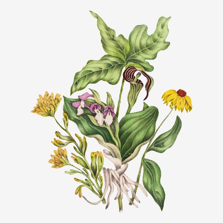 Free Vector scarlet painted cup, showy orchis, indian turnip, and corn flower bouquet vector