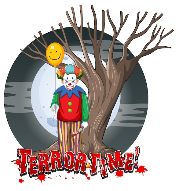 Scary clown holding balloon on full moon background