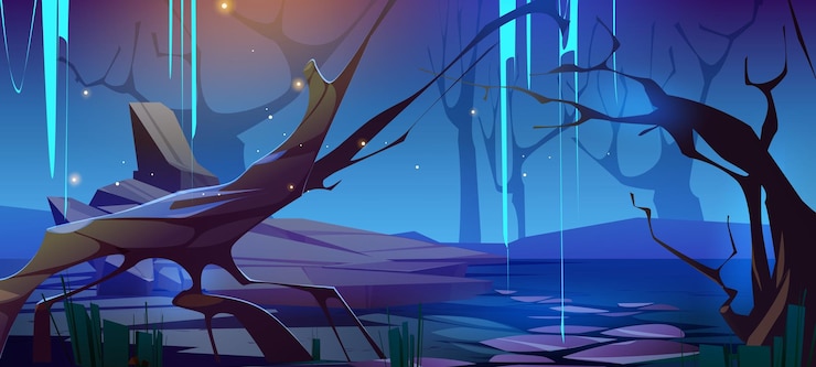 Free Vector scary dark forest creepy woods at night