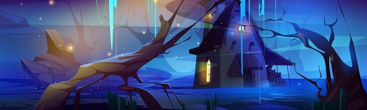 Free Vector scary dark forest with witch house at night