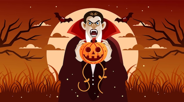 Scary dracula hold halloween pumpkin
