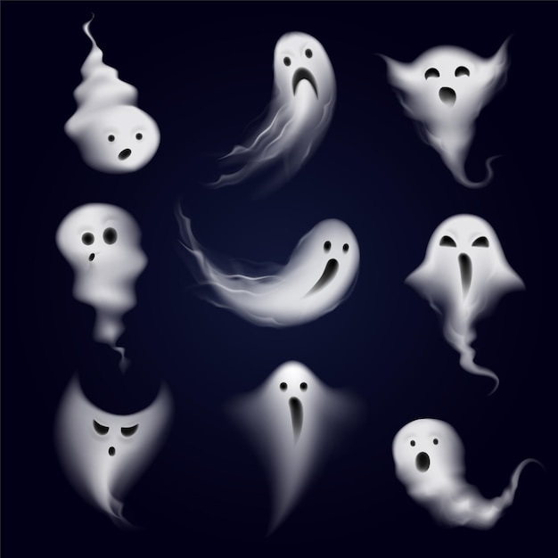 Free vector scary and funny ghost emotions icons collection formed by realistic steamy vapor spooks dark