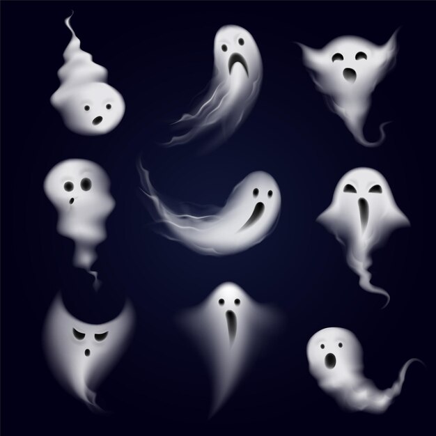 Scary and funny ghost emotions icons collection formed by realistic steamy vapor spooks dark