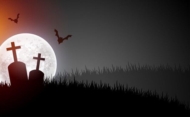 달과 날아다니는 박쥐가 있는 무서운 묘지 장면