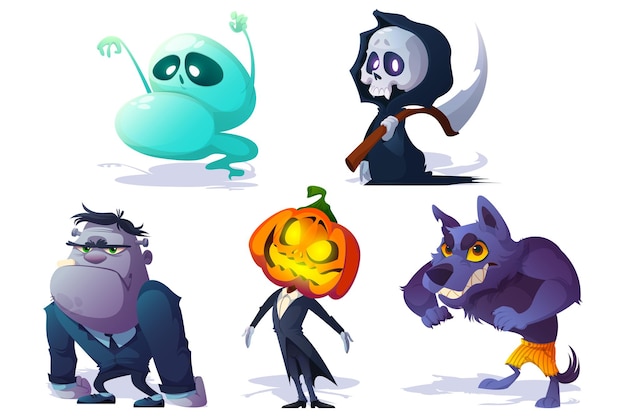 Vettore gratuito personaggi e mostri spaventosi di halloween