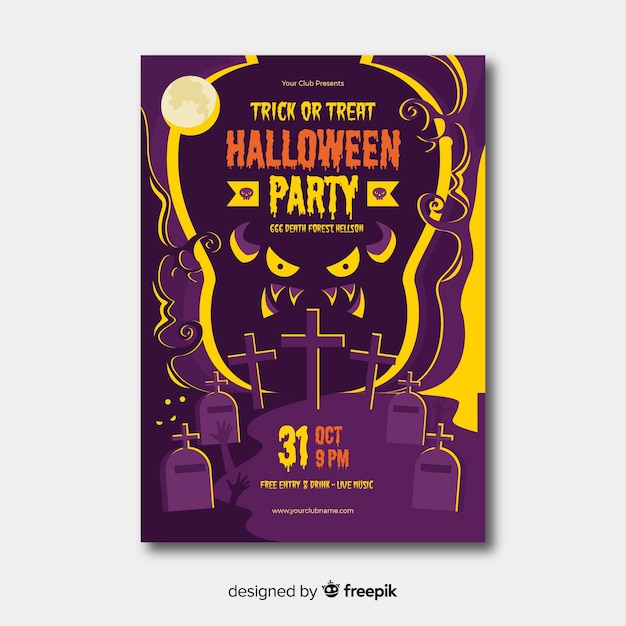 Scary halloween party poster template in flat design