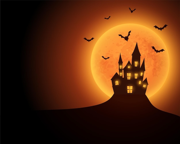 Free vector scary haunted castle with yellow moon and flying bats