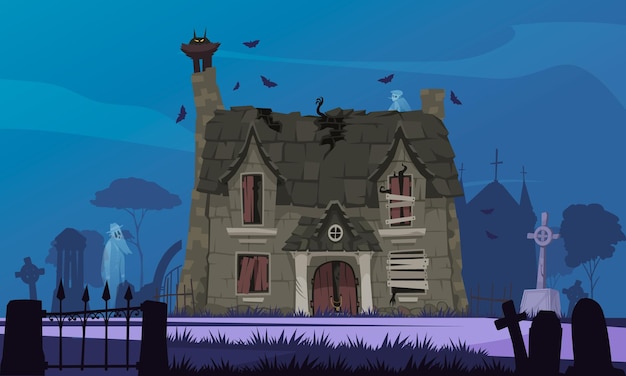 Free vector scary house cartoon poster with deserted building and ghost and cemetery on background vector illustration