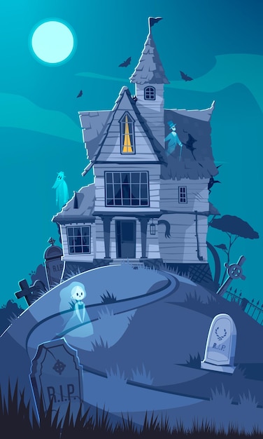 scary house cartoon poster with horror building in moonlight vector illustration