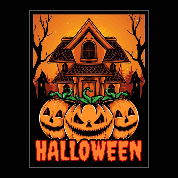 scary house and pumpkin head halloween illustration