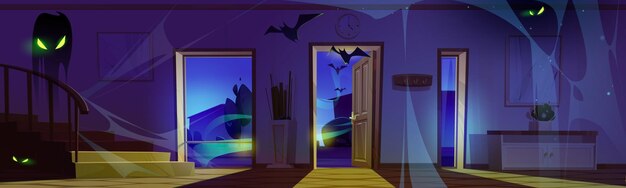 Scary house with ghosts bats and spiderweb Halloween illustration with abandoned haunted home at night Vector cartoon spooky interior of dark hallway with black silhouettes of monsters