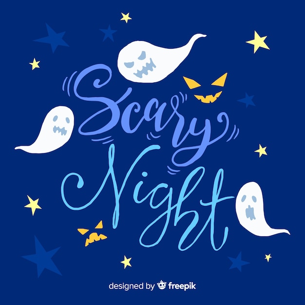 Vettore gratuito spaventosa notte di halloween lettering sfondo con i fantasmi