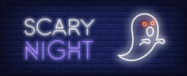 Scary night neon style banner. Bright white spooky ghost on brick background.