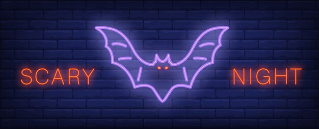 Scary night neon style lettering with glowing bat on brick wall. Bright night banner.