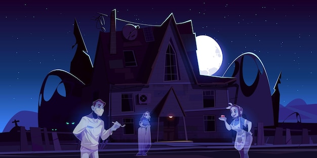 Бесплатное векторное изображение Страшный старый дом с привидениями и кладбище ночью.