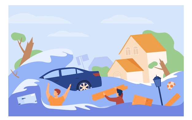물에 익사 무서운 사람들은 평면 벡터 일러스트 레이 션에 고립. 만화 물속에 잠긴 주택, 홍수 또는 쓰나미 동안 익사 한 자동차.