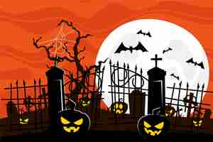 Free vector scary pumpkins in the cemetery halloween background