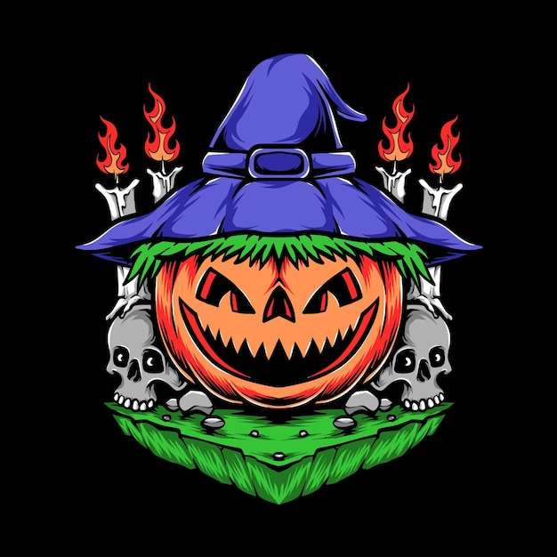 Free vector scary pumpkins halloween with witch hat vector