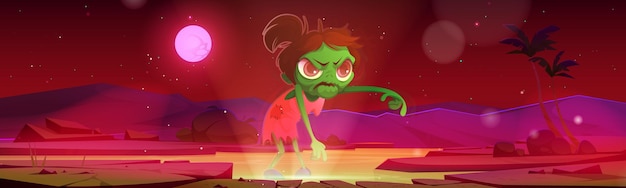 怖いゾンビの女の子は夜に川の海岸を歩く不気味なハロウィーンの背景ぶら下がっている腕を持つ怒っているアンデッドの女性の緑の怪物のベクトル漫画ファンタジーイラスト
