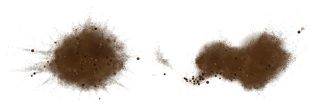 Scatters of black pepper seeds and powder